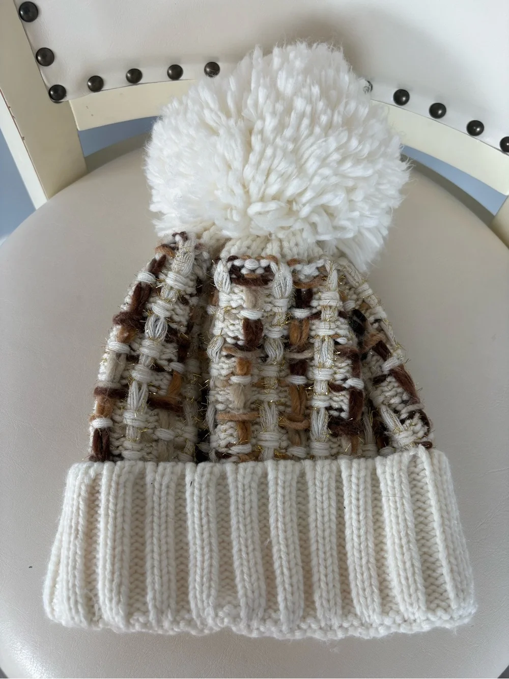 Woman’s Pom Pom Knit Beanie Hat - Cream and Brown and gold